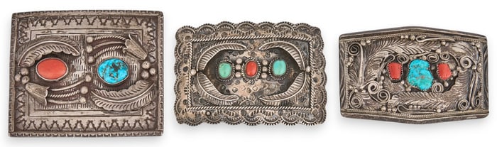 (3) Navajo Turquoise & Coral Buckles