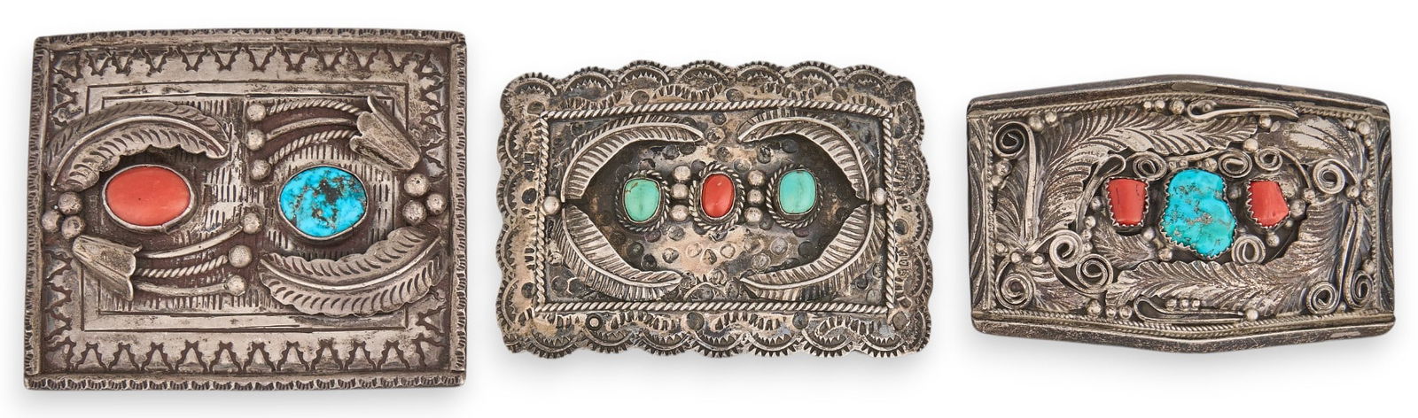 (3) Navajo Turquoise & Coral Buckles (1 of 3)