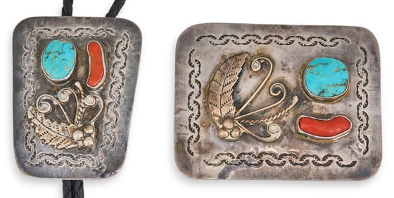 Turquoise & Coral Bolo & Buckle Set