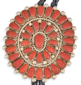 Signed Zuni Coral Bolo Tie