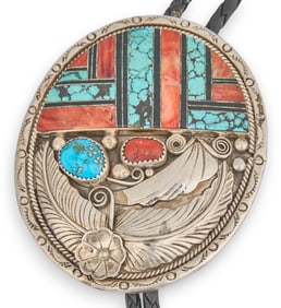 Sterling Navajo Turquoise & Coral Bolo Tie