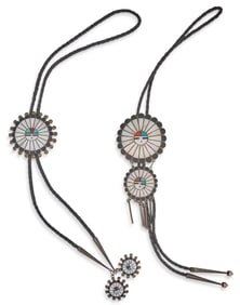 Pair of Zuni Sterling Silver & Mother of Pearl Bolo Ties