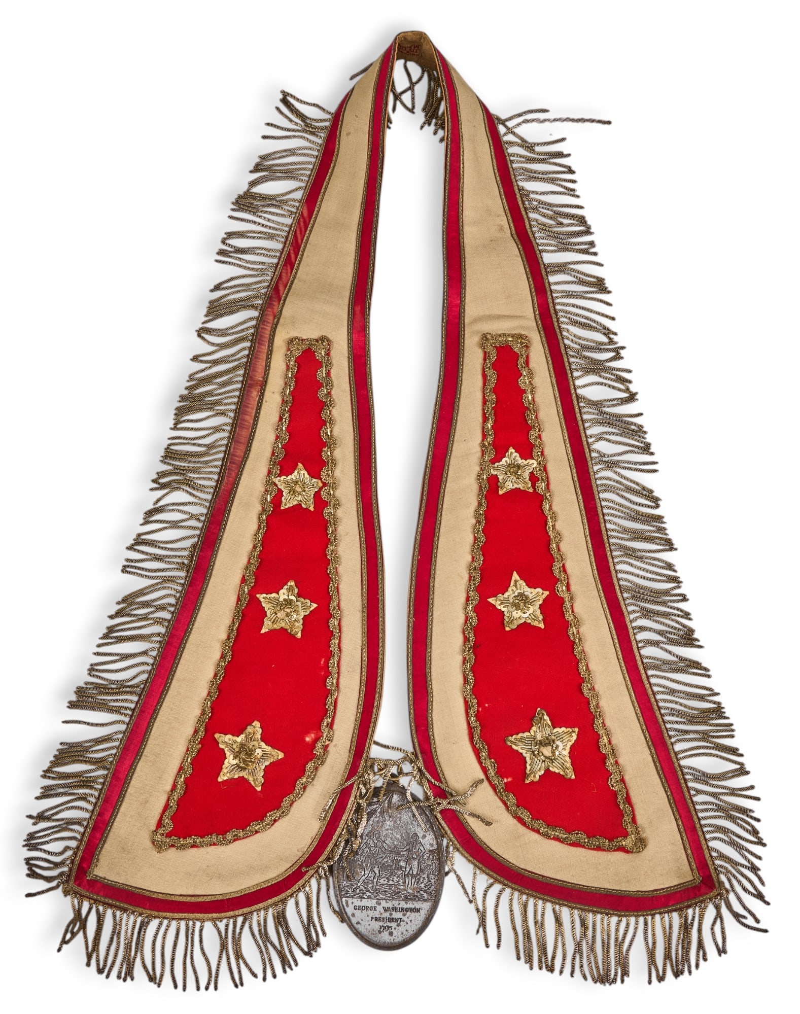 Sash and Re-Cast George Washington Peace Medal: 19th Century Sash with re-cast George Washington Peace Medal in Native American style length 21 in. x width 14 in