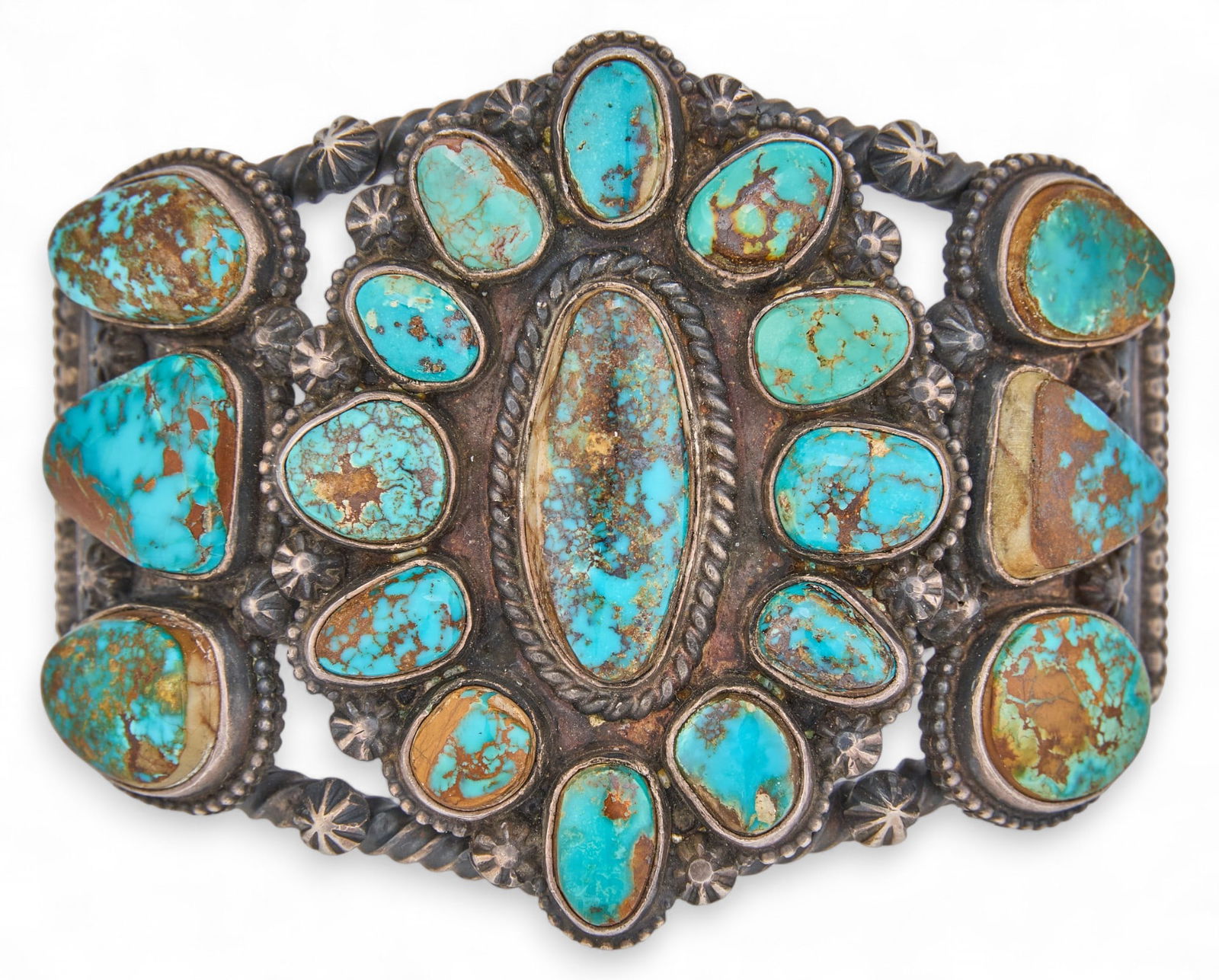 Tommy Jackson, Navajo Sterling Silver and Turquoise Cluster Cuff (1 of 6)