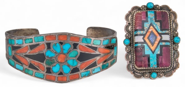 Sterling Silver and Multi-Stone Inlay Ring and Cuff
