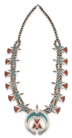 Thunderbird Turquoise and Red Coral Squash Blossom