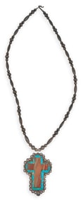 Sterling Silver, Turquoise and Agate Cross Necklace