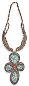 Vintage Navajo Sterling Silver, Turquoise & Coral Necklace