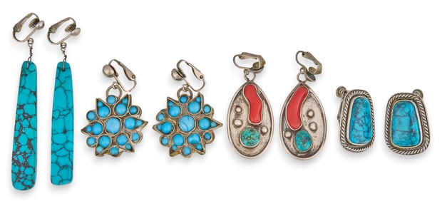 Four Pairs of Sterling Silver and Turquoise Earrings