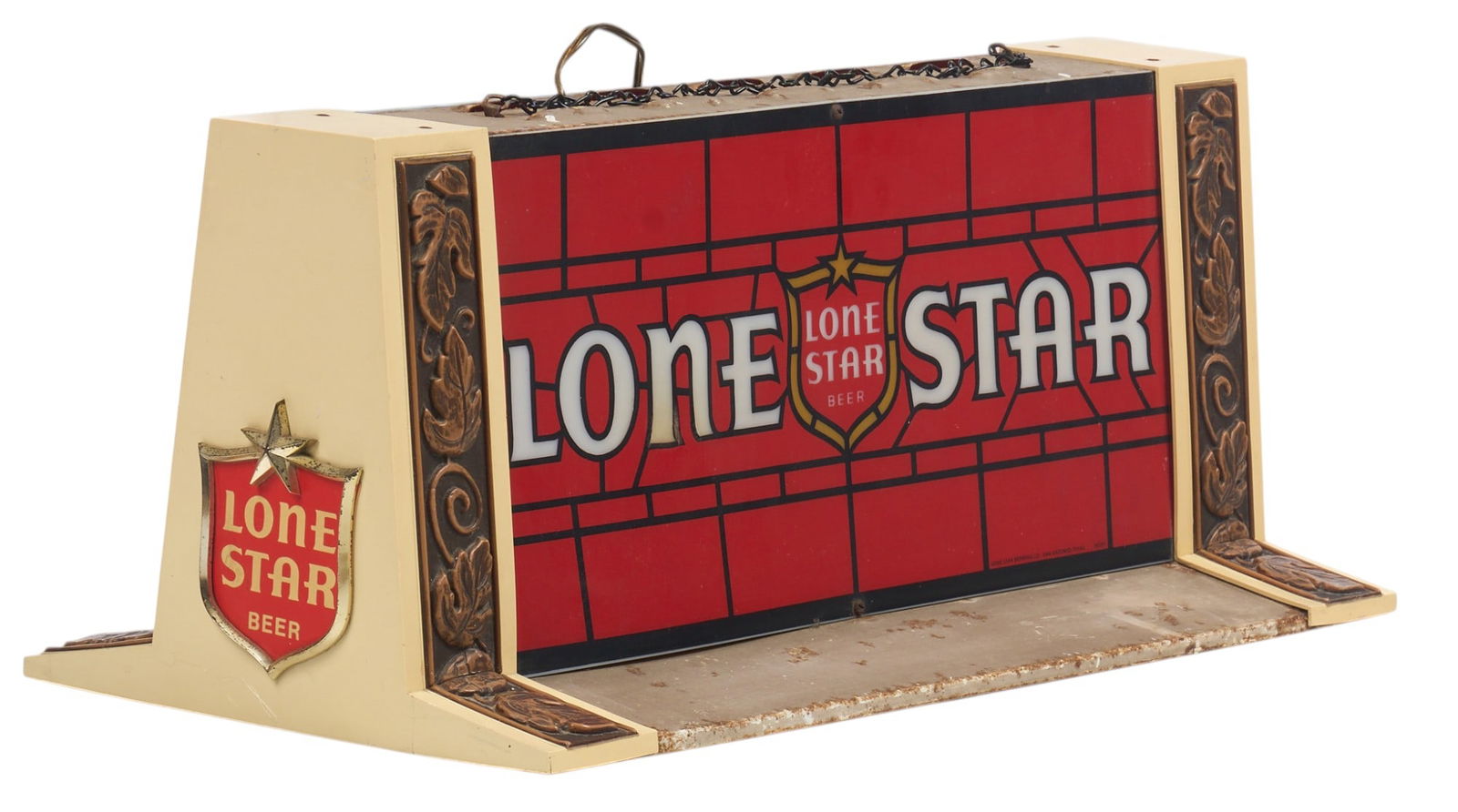 Lone Star Billiards Light: Lone Star Beer billiards light, with white lettering on red field, and chain for hanging, in working condition height 11 in. x width 26 in. x depth 13 in. Provenance: Property from a home in Seguin, T