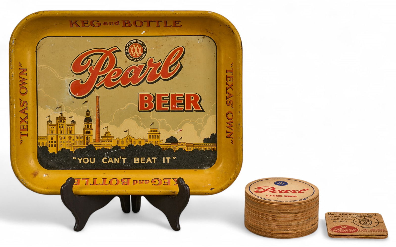 Pearl Beer Advertising Tray with Coasters: Pearl Beer (San Antonio, Texas) advertising tray featuring the San Antonio skyline and the slogan 'You Can't Beat It', includes a stack of round coasters and a few square coasters wit