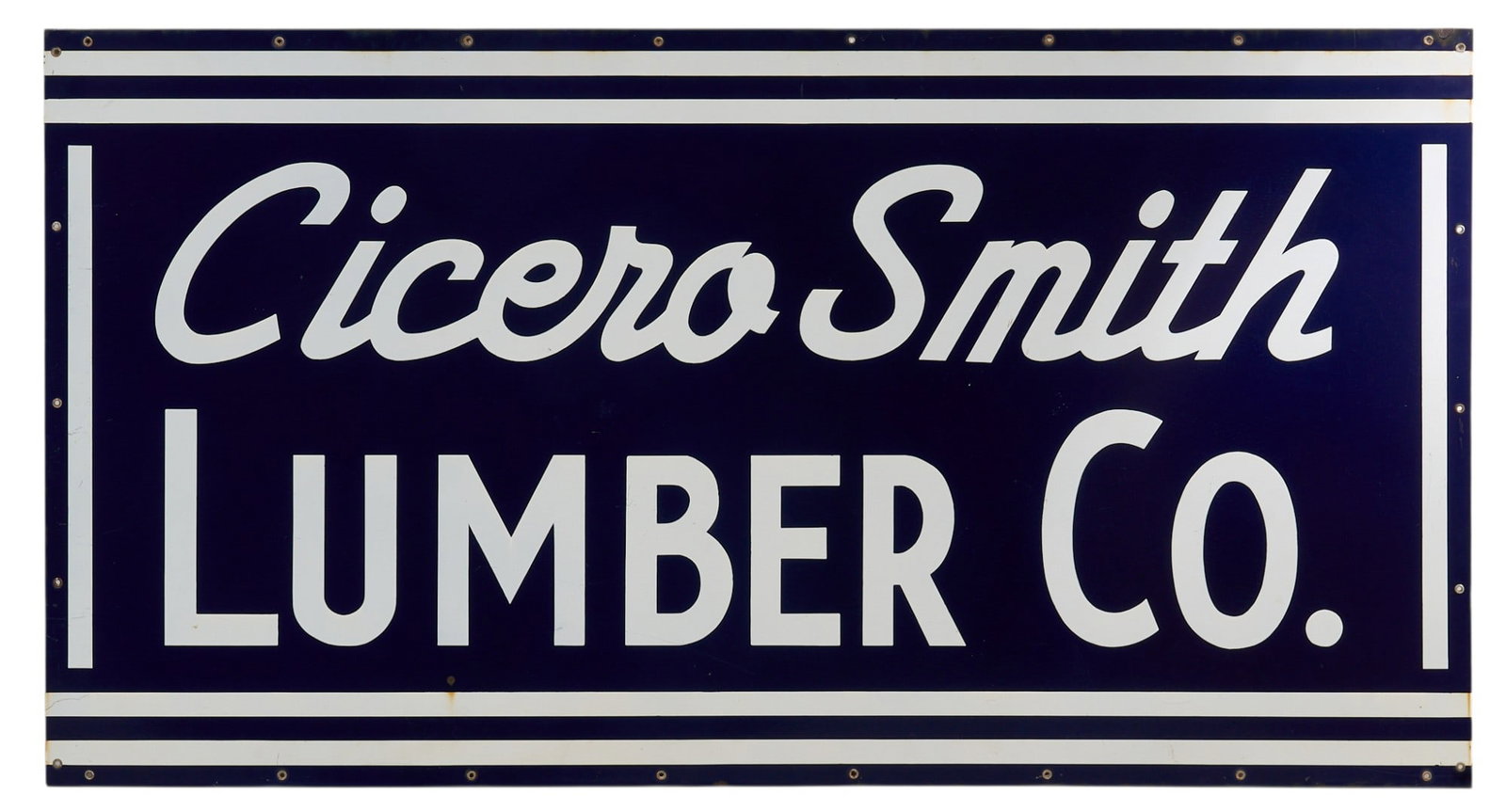 1920s Cicero Smith Lumber Co. Porcelain Sign: Cicero Smith Lumber Co. single-sided porcelain sign, circa 1920s, with copy of original receipt dated March 21st 1924 height 32 in. x width 60 in. Provenance: Property from a New Braunfels, Texa