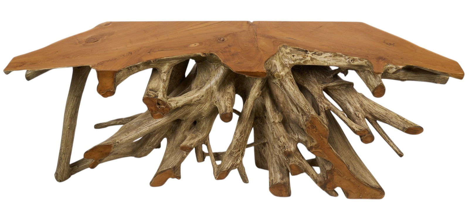 Pecan Root Ball Console Table: Live edge console table, with rustic surfaced supported by a pecan tree root ball base height 30 in. x width 75 in. x depth 16 in.