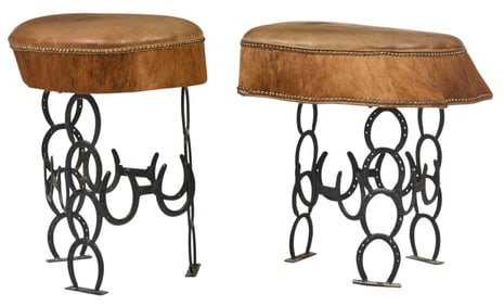 Pair of Ranch Style Leather and Hair on Hide Stools
