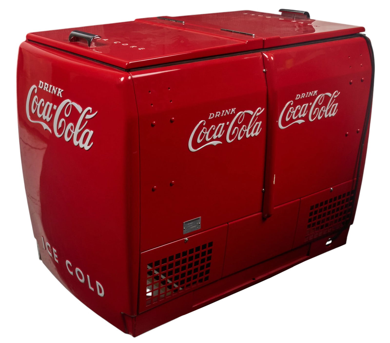 Westinghouse Coca-Cola Vendo WD-10 Ice Chest Cooler: Westinghouse Coca-Cola Vendo WD-10 ice chest cooler, red painted metal with 'Drink Coca-Cola Ice Cold' lettering, serial number 03552337 height 35 in. x width 48. x depth 28 in. Provenance: Pr