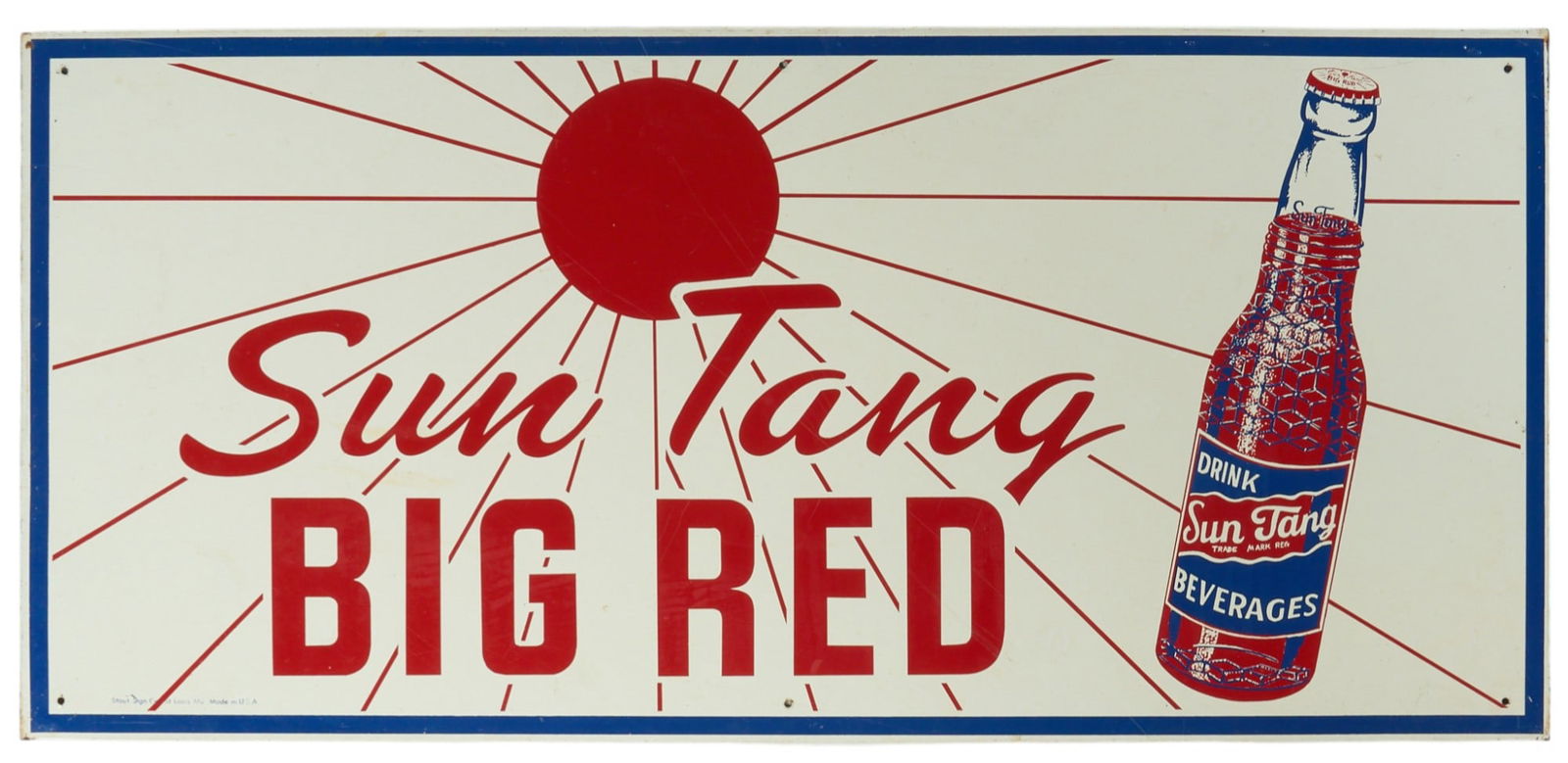 Sun Tang Big Red Sign: Sun Tang Big Red soda painted metal sign, single sided, with red lettering on white field height 13 in. x width 27.5 in.