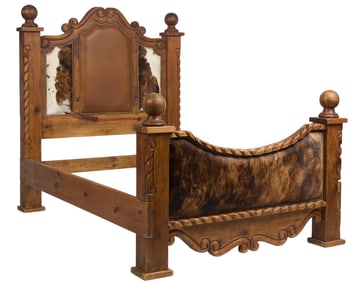 Rustic Cowhide and Wood Bed Frame