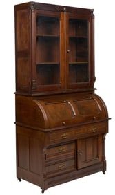 Antique Secretary Bookcase with Roll Top Desk