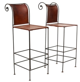 Pair of Leather and Iron Barstools