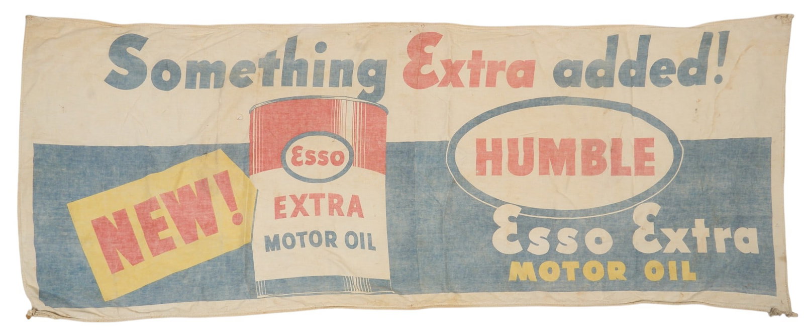 Vintage Esso Motor Oil Banner: Vintage Esso Extra Motor Oil cloth banner, with red, white, and blue lettering, single-sided 2 ft. 9 in. x 7 ft. 3 in. Provenance: Proeprty from a home in San Antonio, Texas