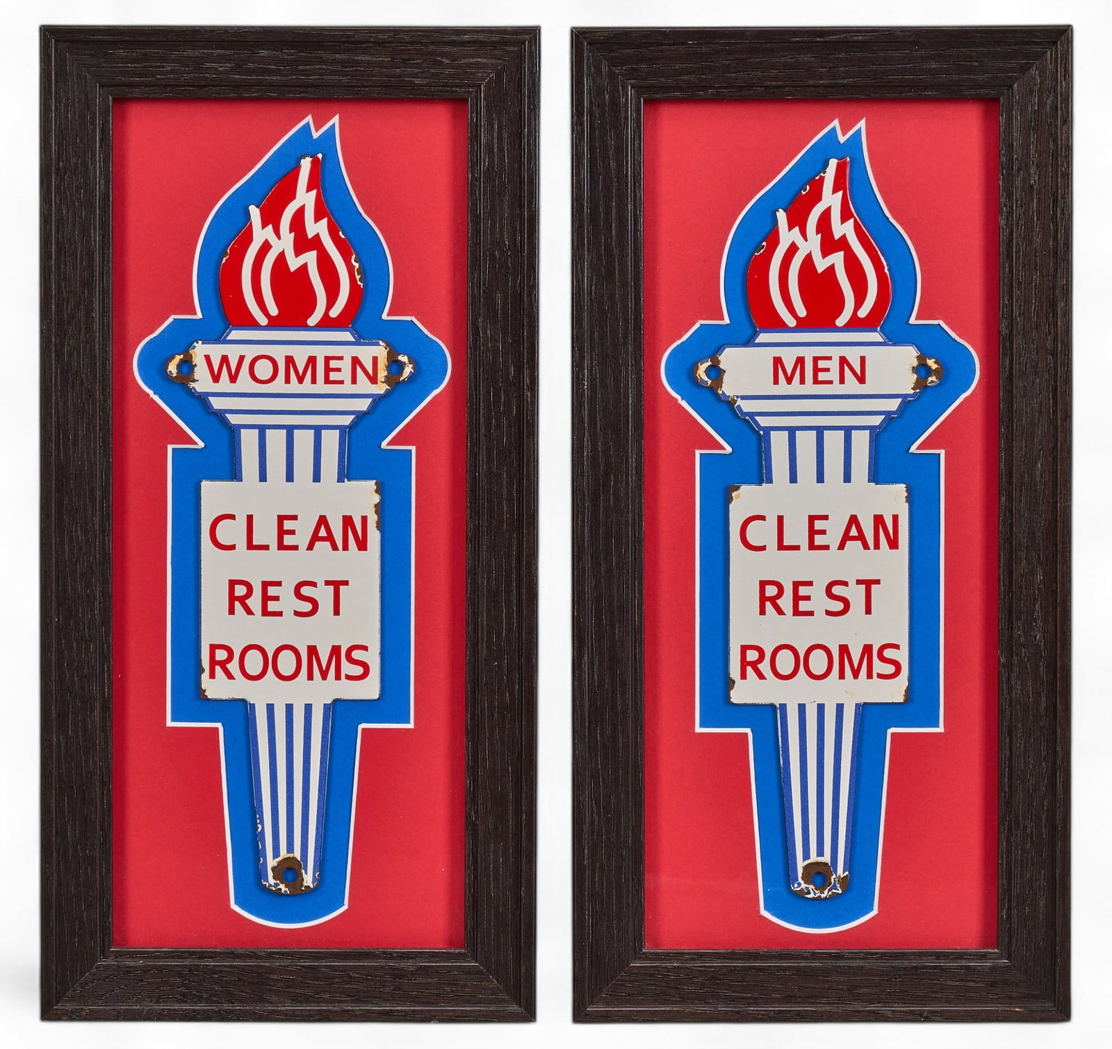 Framed Porcelain Standard Oil Torch Restroom Signs: Men's and women's porcelain Standard Oil restroom signs, framed on red backing height 16 x width 8 in. / each Provenance: Property from a home in Castroville, Texas