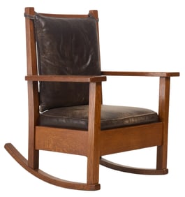 Arts & Crafts Style Oak and Leather Rocking Chair