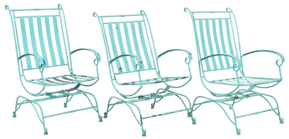 (3) Teal Metal Patio Chairs