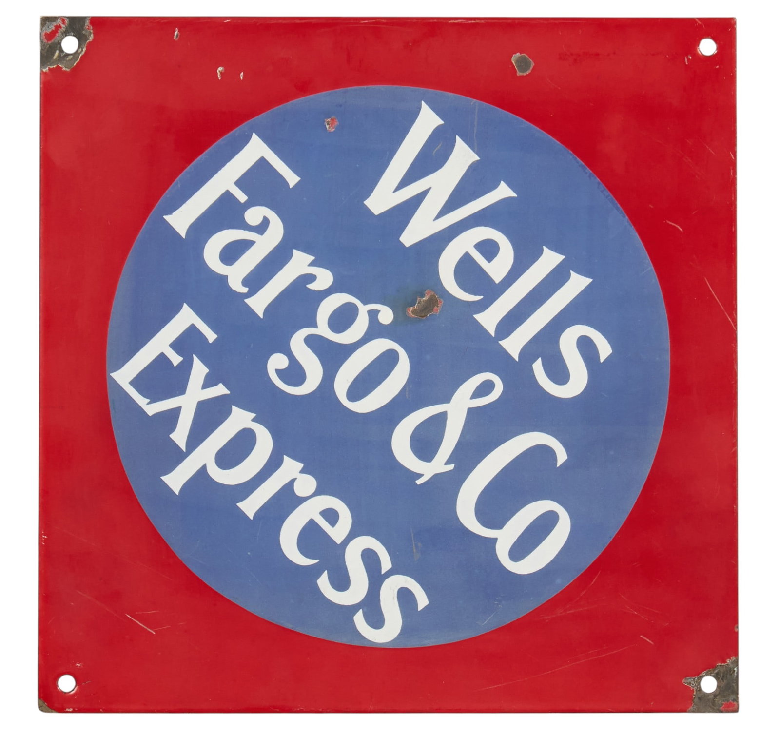Single-Sided Porcelain Wells Fargo Sign: Single-sided porcelain sign for Wells Fargo and Co. Express height 12 in. x width 12 in. Provenance: Property from a New Braunfels, Texas collector of vintage signage 
