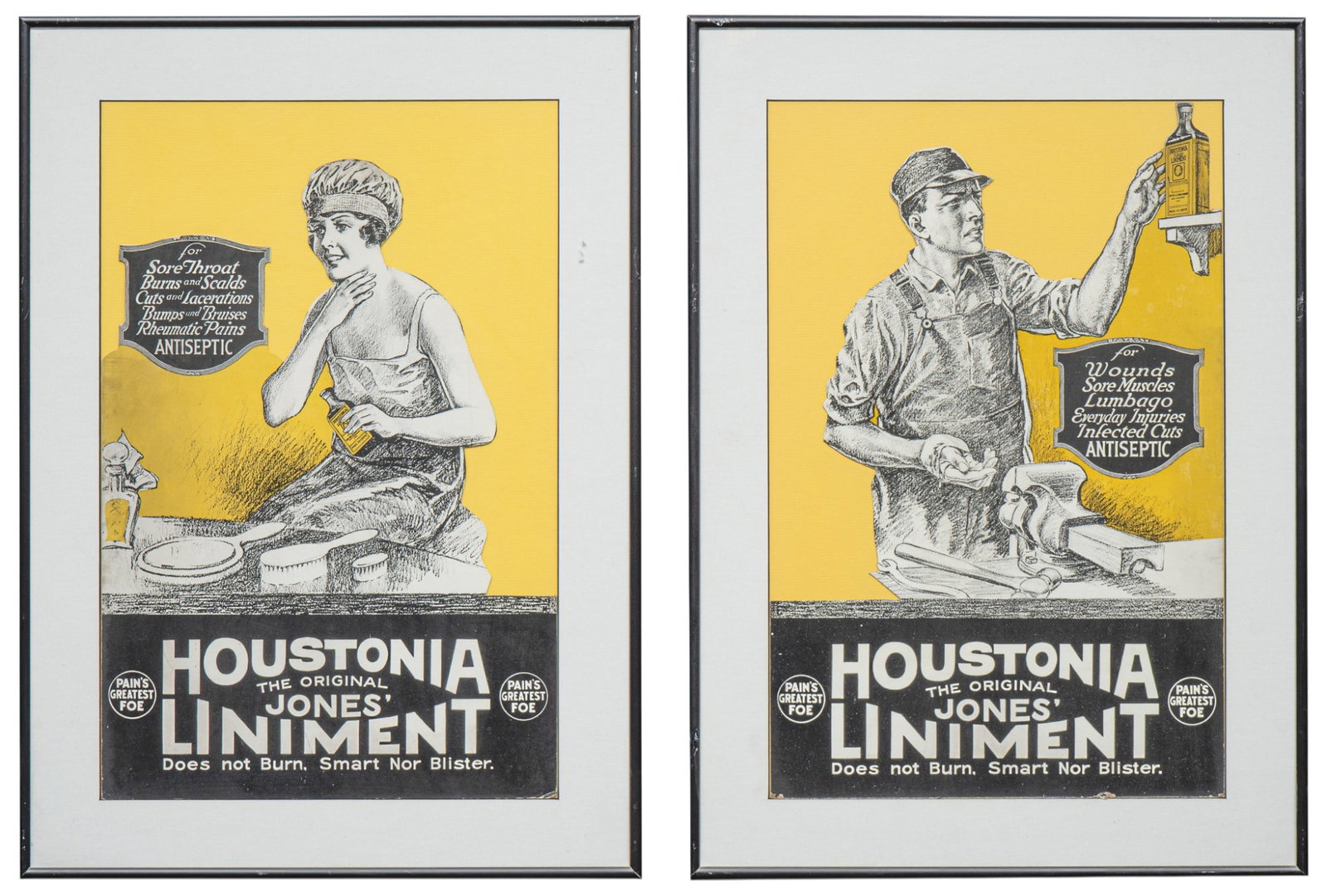 Pair of Houstonia Liniment Advertising Prints: Pair of vintage Houstonia Liniment advertising prints, reads "Does not Burn, Smart nor Blister" height 24.5 in. x width 18 in. x depth 1 in. / each Provenance: Property from a New Braunfels,