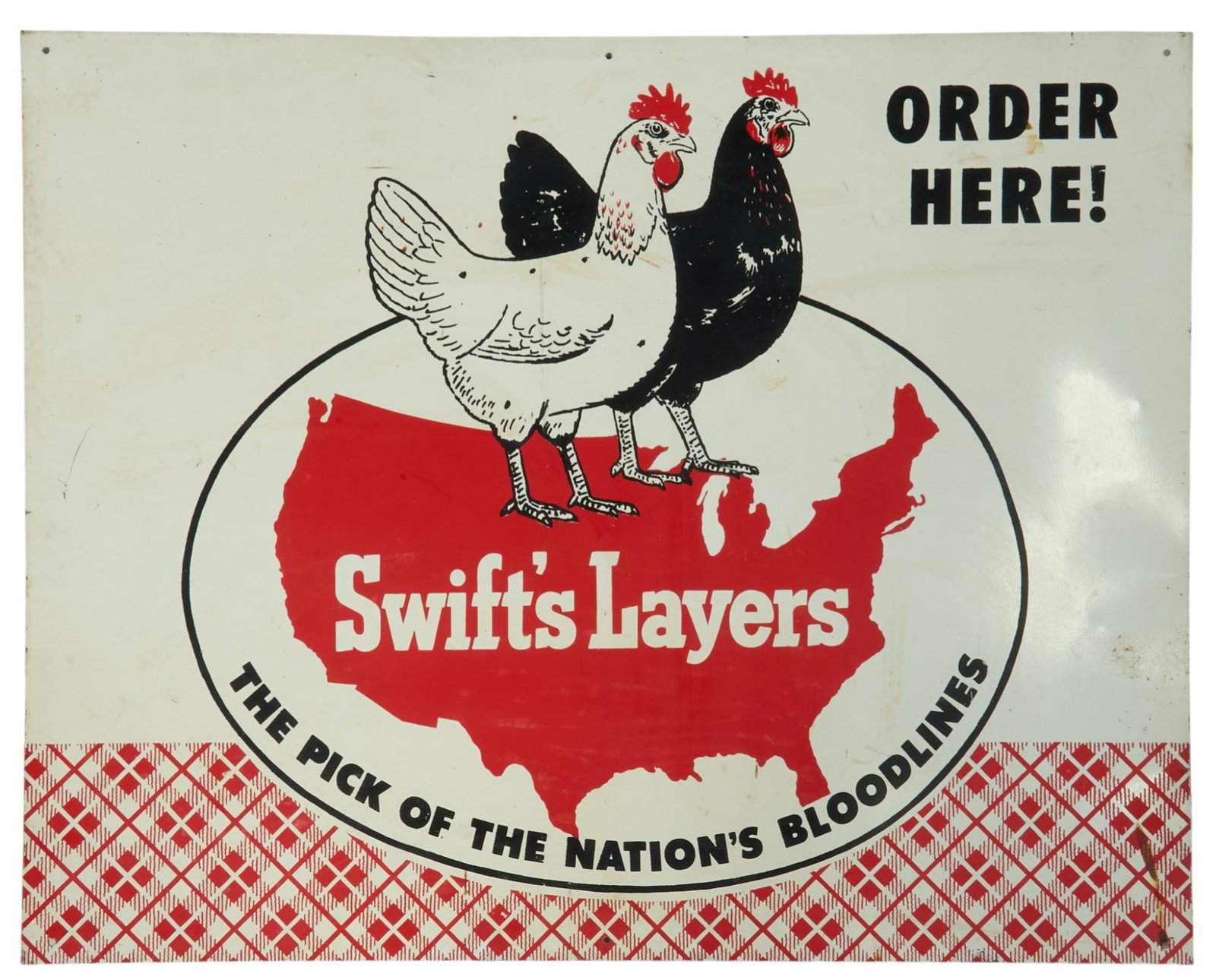 Swift's Layers Sign: "Swift's Layers" sign for Swift Meats Co., single-sided painted metal, black lettering on white field, chicken motifs height 23.5 in. x width 29.5 in.