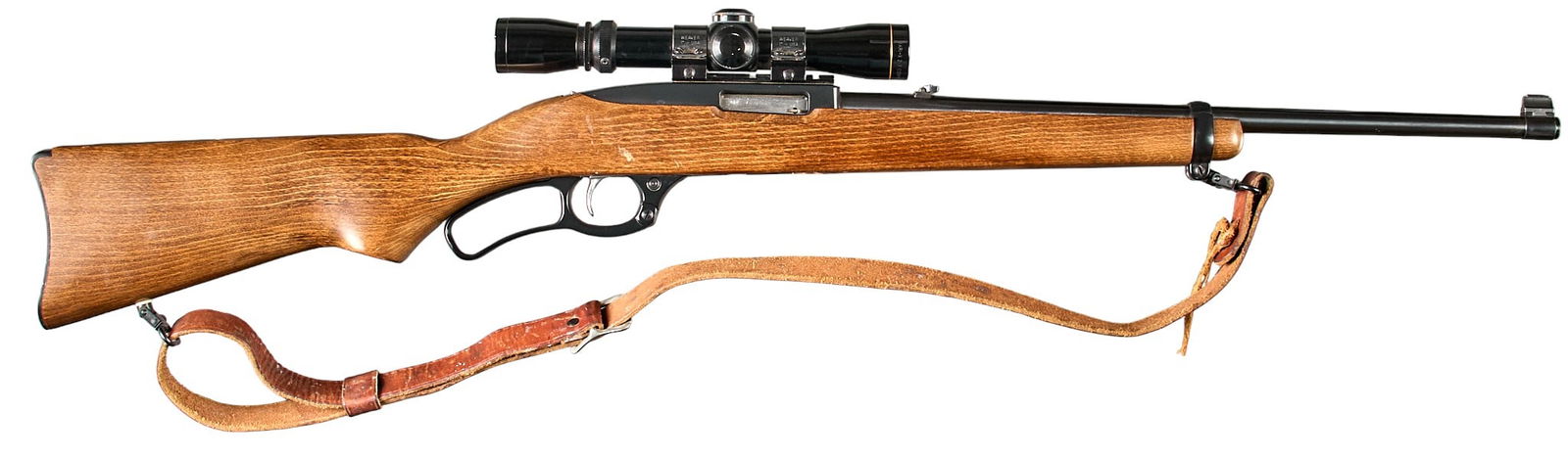 Ruger Model Ninety-Six 17 HMR Lever Action Rifle W/ Leupold Scope: Serial: 620-43843 Manufacturer: Sturm, Ruger & Co. Model: Ninety-Six Caliber: 17 HMR Barrel length: 18.5 in. OAL: 37.5 in. Condition: Good; wood stock has moderate wear & sc