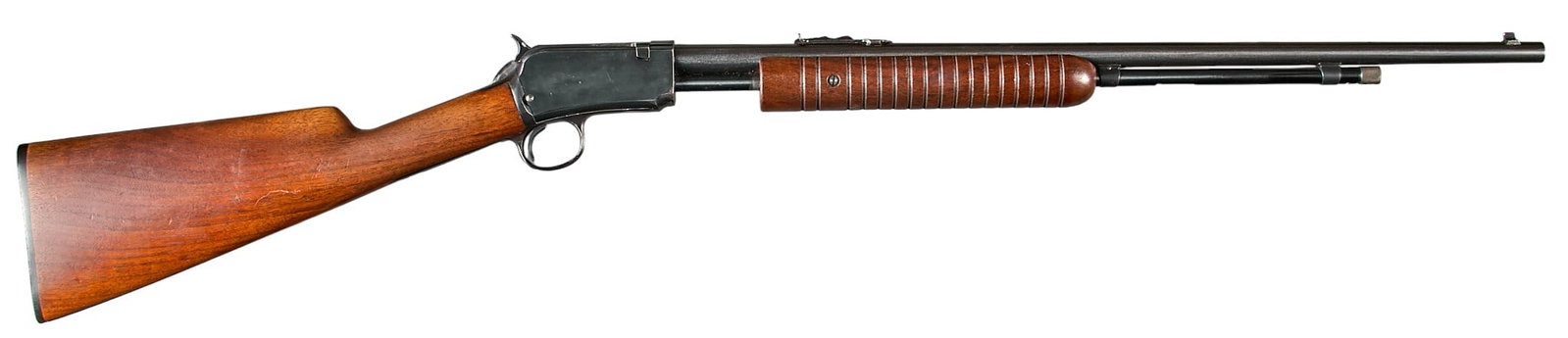 WWII Era Winchester Model 62A 22 LR Slide Action Rifle: Serial: 124523 Manufacturer: Winchester Repeating Arms Co. (c. 1941) Model: 62A Caliber: 22 LR Barrel length: 23 in. OAL: 39.5 in. Condition: Very Good; wood stock & pump grip have li