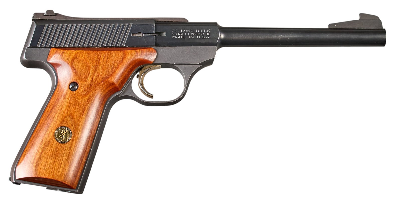 Browning Challenger II 22 LR Semi Auto Pistol: Serial: 655PY03282 Manufacturer: Browning Arms Co. (c. 1987) Model: CHallenger II Caliber: 22 LR Barrel length: 6.75 in. OAL: 10.75 in. Condition: Very Good; wood grips have very slight s