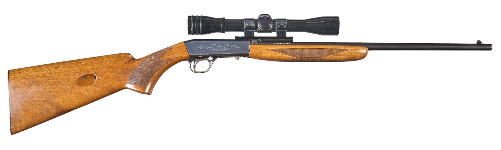FN Browning SA-22 Grade I 22 LR Semi Auto Rifle: Serial: 69T22949 Manufacturer: FN-Belgium / Browning Arms Co. (c. 1969) Model: SA-22 Grade I Caliber: 22 LR Barrel length: 19.5 in. OAL: 37.25 in. Condition: Good-refinished; wood s