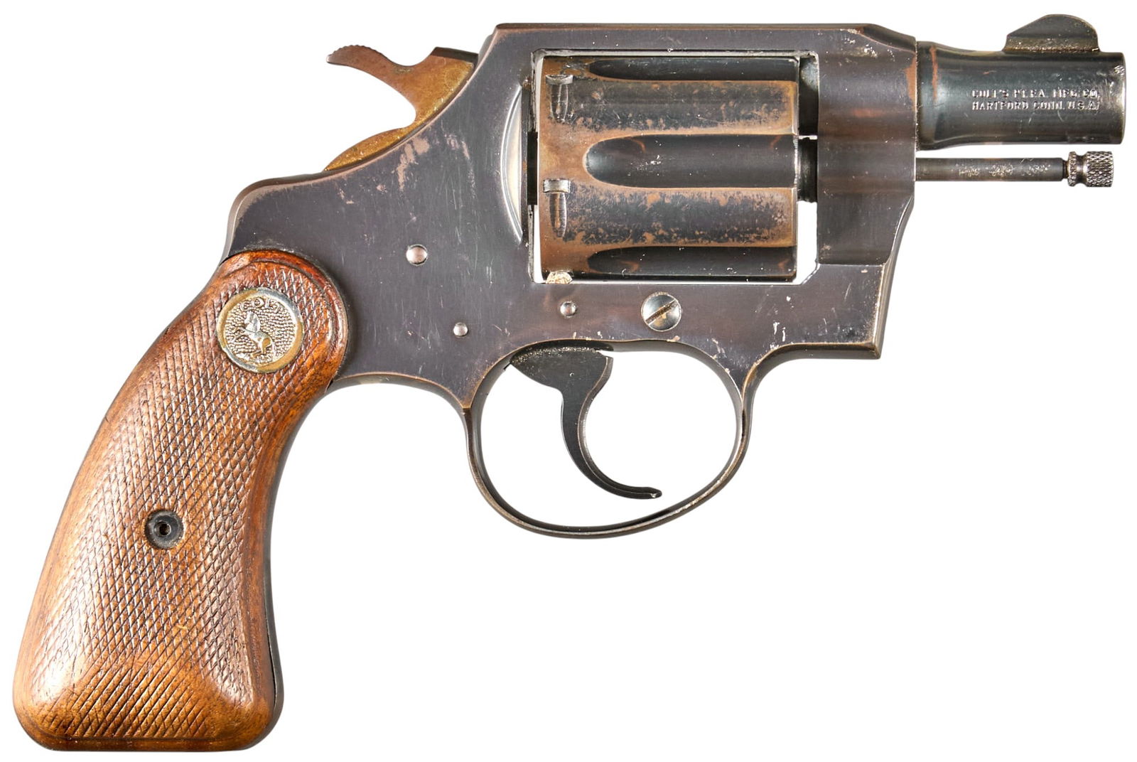 Colt Detective Special 38 SPL Revolver: Serial: 746547 Manufacturer: Colt's PT. F.A. Mfg. Co. (c. 1959) Model: Detective Special Caliber: 38 SPL Barrel length: 2 in. OAL: 7 in. Condition: Good; wood grips have moderate wear