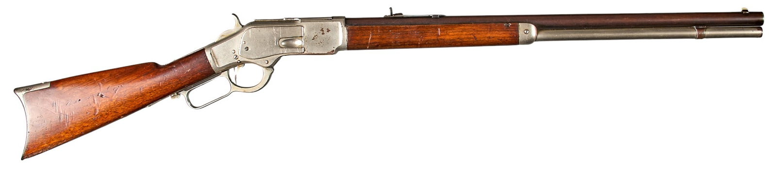 Antique Nickel Winchester 1873 44 WCF Rifle Named to G.L. Hubbard: Serial: 49556 Manufacturer: Winchester Repeating Arms Co. (c. 1880) Model: 1873 (Second Model) Caliber: 44 WCF Barrel length: 24.25 in. OAL: 43.5 in. Condition: Good-Antique;