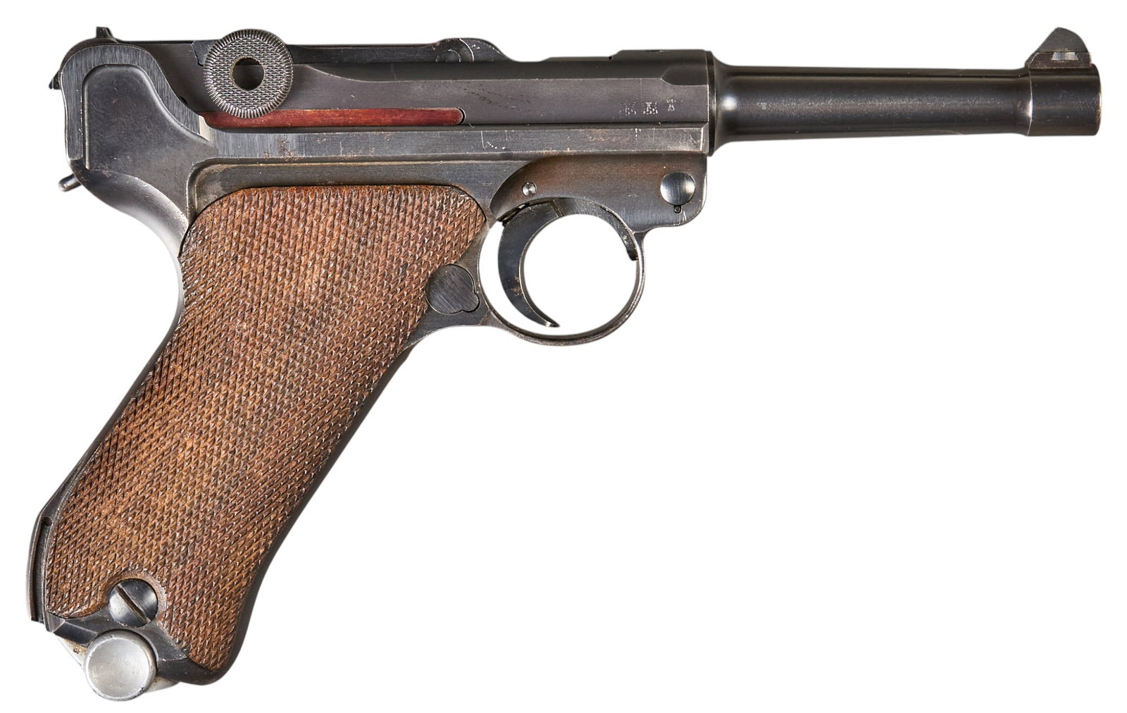 WWII German Mauser 42 Code P.08 Luger 9mm Pistol: Serial: 8837w Manufacturer: Mauser Werke Oberndorf-Germany (c. 1939) Model: P.08 Luger (42 Code) Caliber: 9mm Barrel length: 4 in. OAL: 8.875 in. Condition: Very Good; wood grips ha