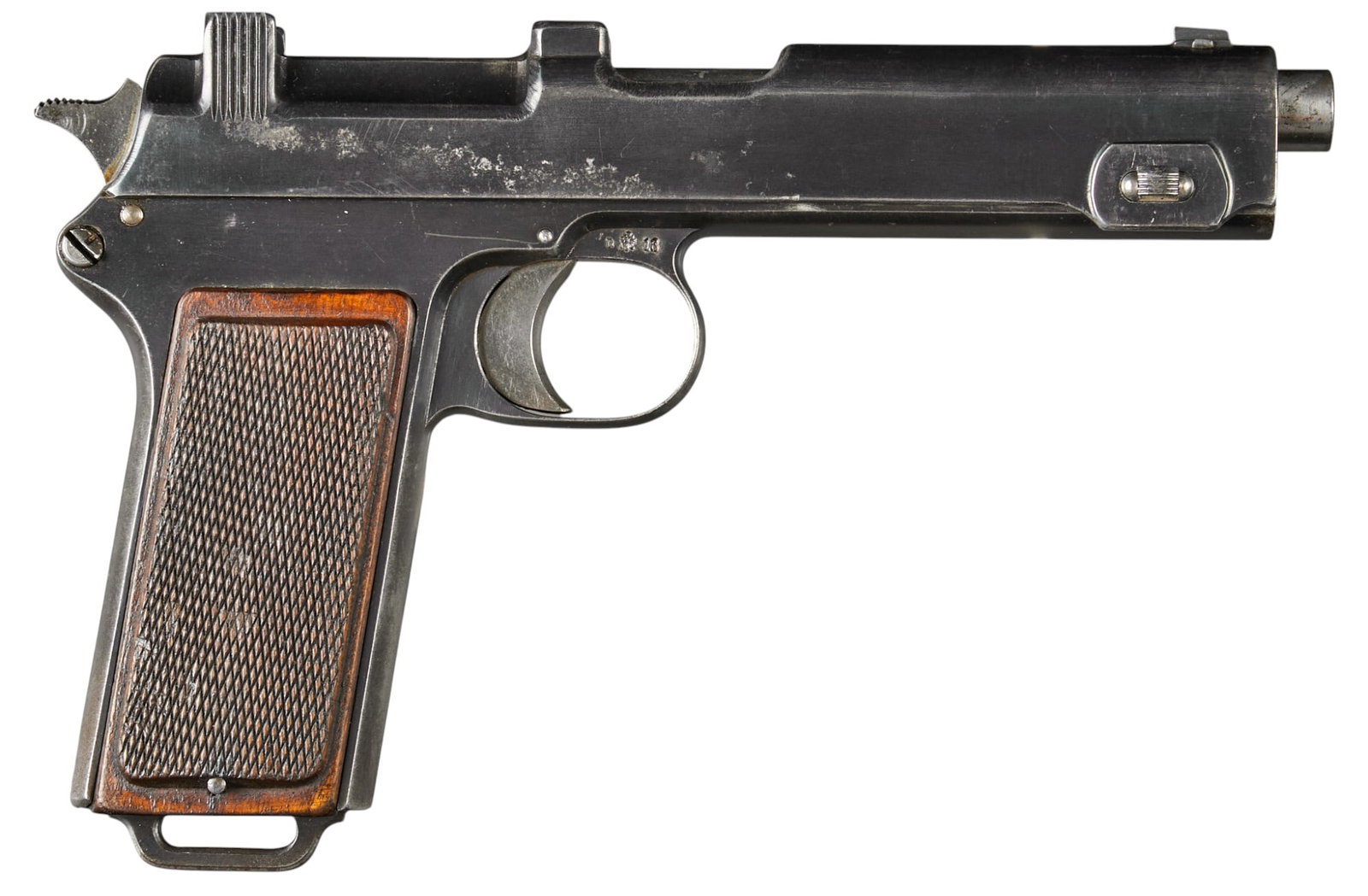 WWI Era Steyr-Hahn M1912 9x23 Semi Auto Pistol: Serial: 8809 Manufacturer: Steyr-Hahn, Austria (c. 1916) Model: M1912 Caliber: 9x23 Steyr Barrel length: 5 in. OAL: 8.5 in. Condition: Good; wood grips have light wear & patina commen