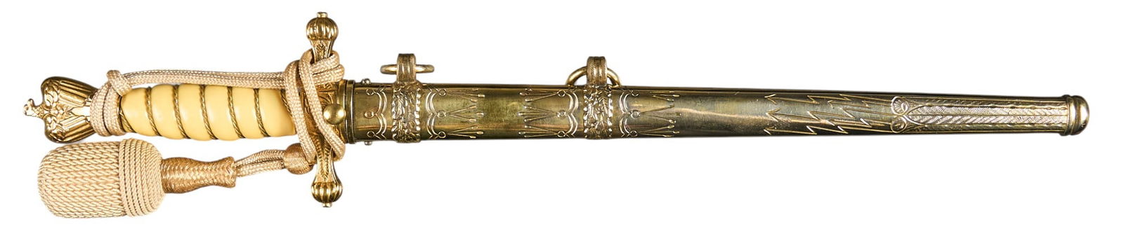 WWII German 2nd Model Kriegsmarine Dress Dagger W/ Scabbard: Manufacturer: Eickhorn-Solingen, Germany Model: 2nd Model Kriegsmarine (Navy) dress dagger (1938) Blade Length: 10 in. OAL: 15.125 in. (16.5 in. w/ scabbard) Condition: Very Good; blade has very light