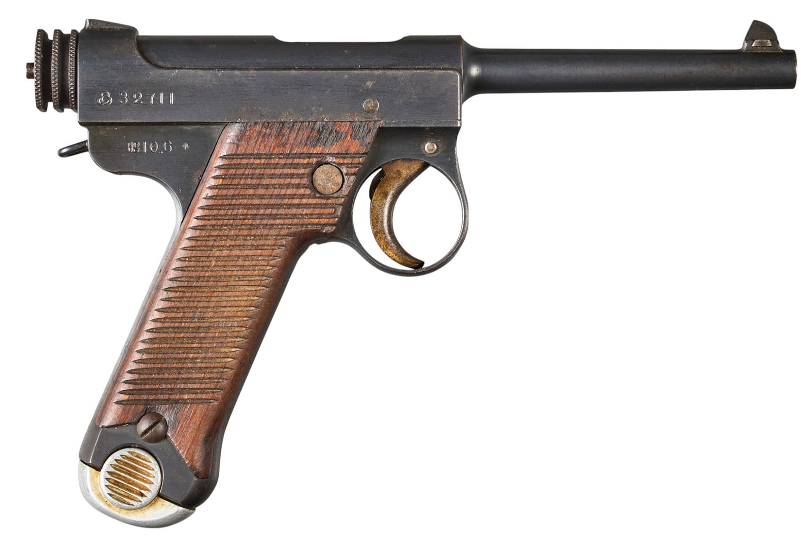 WWII Japanese Type 14 8mm Nambu Pistol W/ Holster: Serial: 32711 Manufacturer: Tokyo Arsenal-Japan (c. June 1935) Model: Type 14 Nambu Caliber: 8x22 Nambu Barrel length: 4.5 in. OAL: 9.125 in. Condition: Good; wood grips have modera