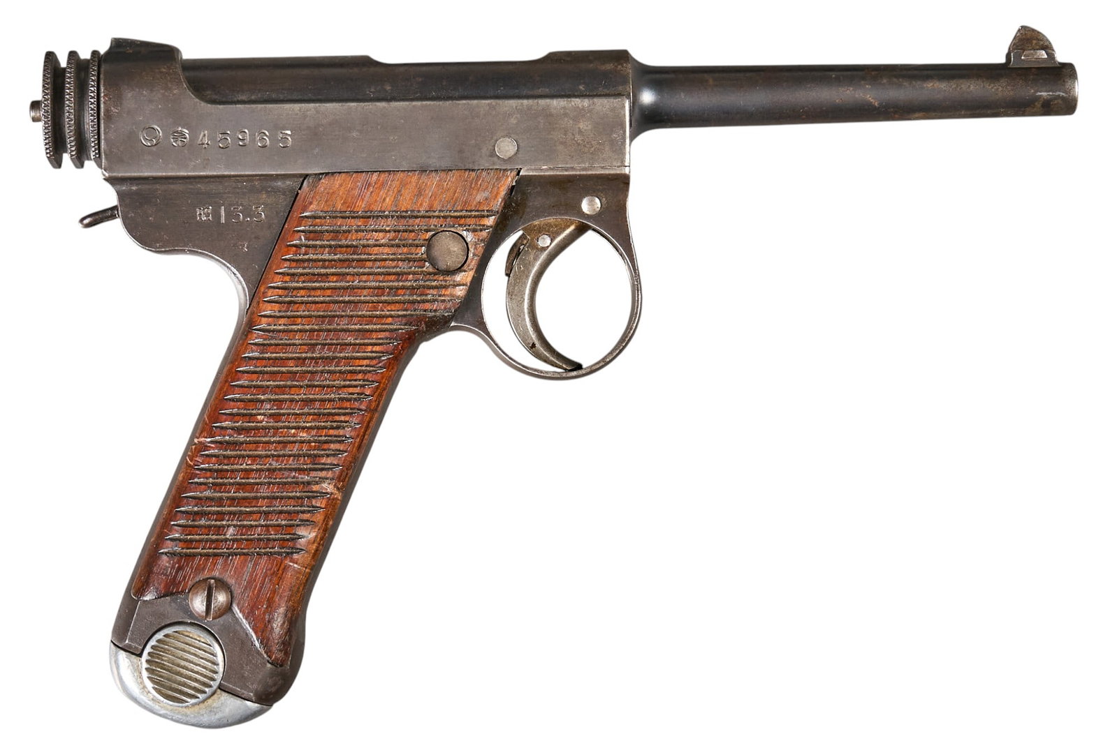 WWII Japanese Type 14 8mm Nambu Semi Auto Pistol: Serial: 45965 Manufacturer: Nagoya Arsenal-Japan (c. March 1938) Model: Type 14 Nambu Caliber: 8x22 Nambu Barrel length: 4.5 in. OAL: 9.125 in. Condition: Good; wood grips have moderate w