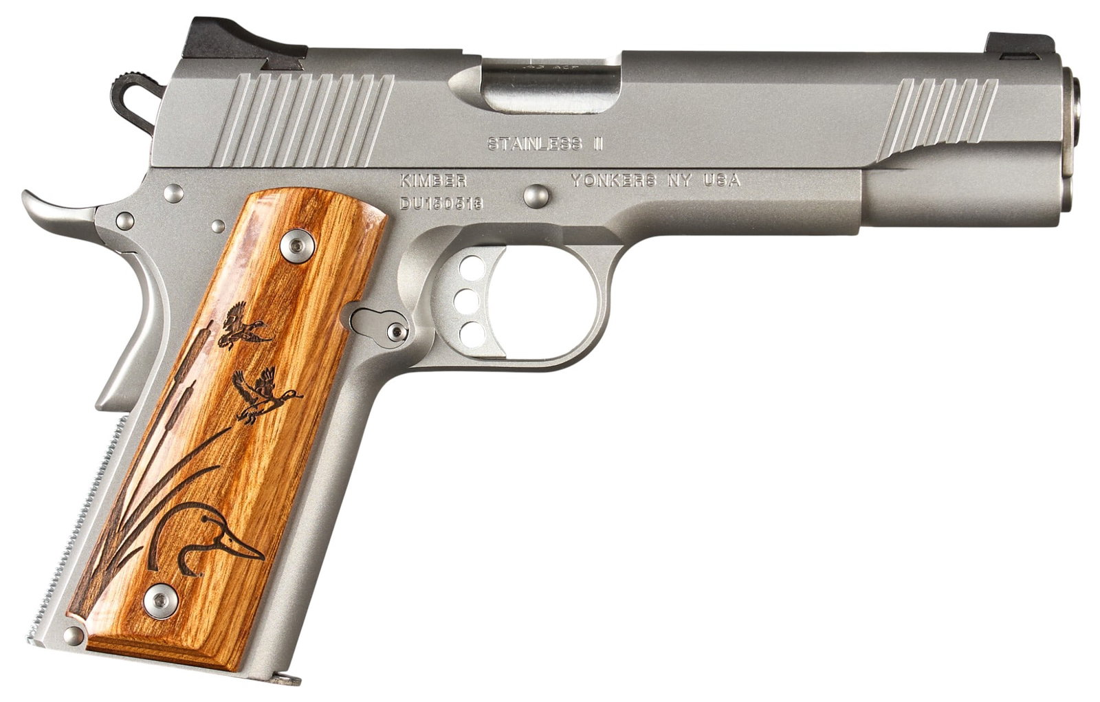 Kimber Stainless II Ducks Unlimited 45 ACP Pistol: Serial: DU150513 Manufacturer: Kimber Model: Stainless II Ducks Unlimited Caliber: 45 ACP Barrel length: 5 in. OAL: 8.75 in. Condition: Very Good; very light signs of handling; slightest