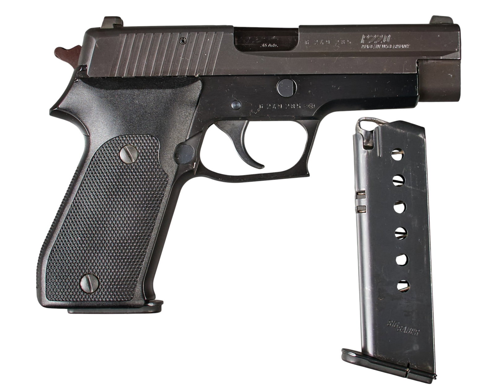 Sig Sauer P220 45 ACP Semi Auto Pistol: Serial: G249285 Manufacturer: Sig Sauer-W. Germany / SigArms Inc.-USA (c. 1995) Model: P220 Caliber: 45 ACP Barrel length: 4.5 in. OAL: 8 in. Condition: Good; plastic grips have very ligh