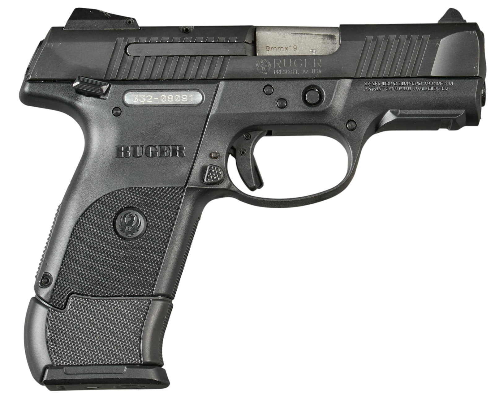 Ruger SR9C 9mm Semi Auto Pistol: Serial: L168812 Manufacturer: Ruger Model: SR9c Caliber: 9mm Barrel length: 3.5 in. OAL: 7 in. Condition: Good; light handling marks throughout; bore is good & bright w/ strong