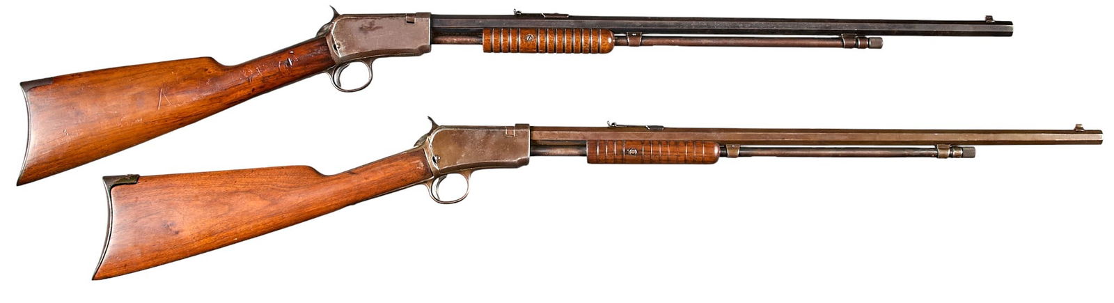 Pair of Winchester Model 90 22 LR Slide Action Rifles: Serial: (1) 357464; (2) 814845 Manufacturer: Winchester (c. (1) 1908; (2) 1929) Model: 90 Caliber: 22 LR Barrel length: 24 in. OAL: 40.25 in. Condition: Fair-Good; Moderate wear & han