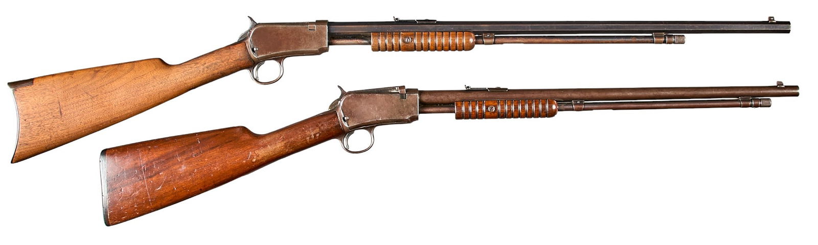Winchester Model 06 & Model 90 22 LR & 22 Long Slide Action Rifles: Serial: (1) 768025; (2) 759570 Manufacturer: Winchester (c. (1) 1928; (2) 1927) Model: (1) 06; (2) 90 Caliber: (1) 22 LR; (2) 22 Long Barrel length: (1) 20 in.; (2) 24 in. OAL: (1) 35.75 in.; (2) 4