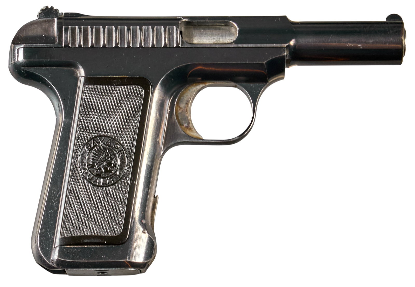 Nice Savage Model 1907 "R" Stamped 32 ACP Pistol W/ Factory Box: Serial: 75607 Manufacturer: Savage Arms Corp. (c. 1912) Model: 1917 Transitional Caliber: 32 ACP Barrel length: 3.75 in. OAL: 6.5 in. Condition: Very Good; hard rubber grips have light ha