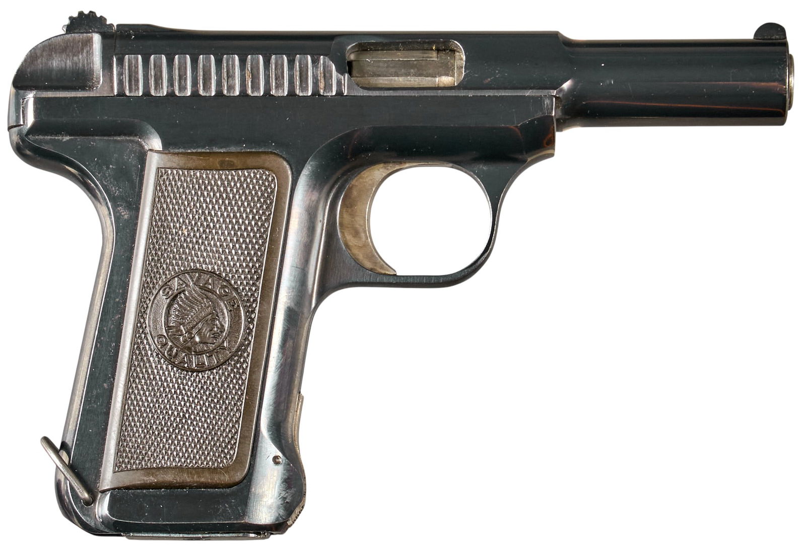 Savage Model 1907 32 ACP Semi Auto Pistol: Serial: 163503 Manufacturer: Savage Arms Model: 1907 Caliber: 32 ACP Barrel length: 3.75 in. OAL: 6.5 in. Condition: Good; light wear & handling marks throughout; grips have som