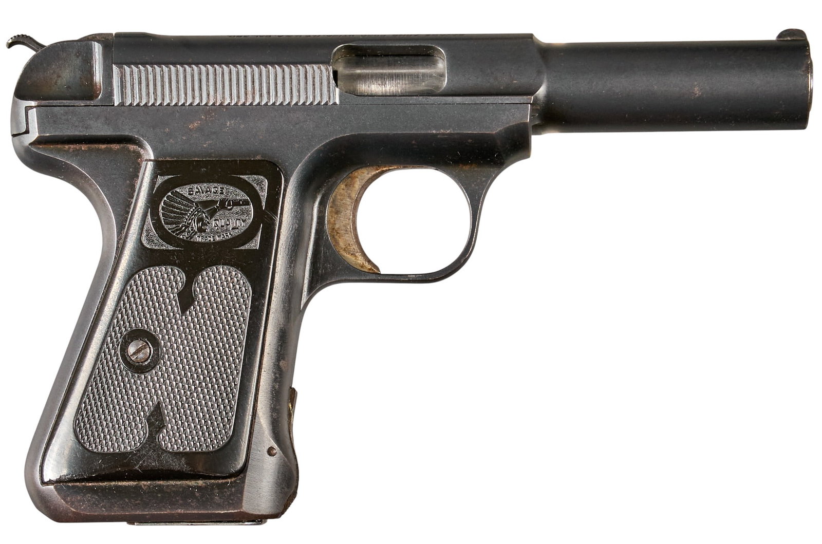 Savage Model 1917 380 ACP Semi Auto Pistol: Serial: 26435B Manufacturer: Savage Arms Corp. (c. 1921-1928) Model: 1917 Caliber: 380 ACP Barrel length: 4.25 in. OAL: 7.25 in. Condition: Good; hard rubber grips have moderate wear mark