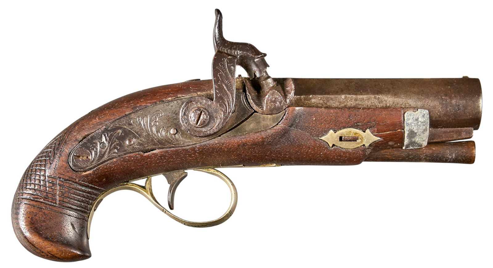 Antique Henry Deringer Style 43 Cal Pocket Pistol: Manufacturer: Unknown (not marked) Model: Henry Deringer Style Caliber: 43 cal. Barrel length: 3 in. OAL: 7.25 in. Condition: Good-antique; wood stock has moderate wear & patina w/ crack on rig